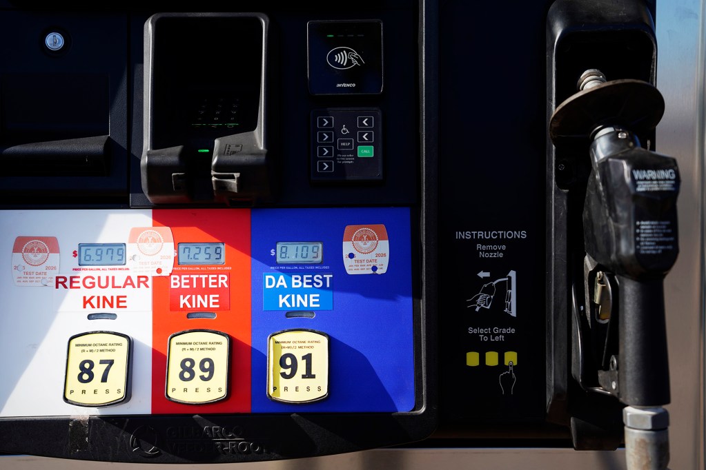 A gas station pump with pidgin descriptions of the types of gas is seen in this stock/file photos of rural Molokaʻi Wednesday, May 27, 2026. (Kevin Fujii/Civil Beat/2026)