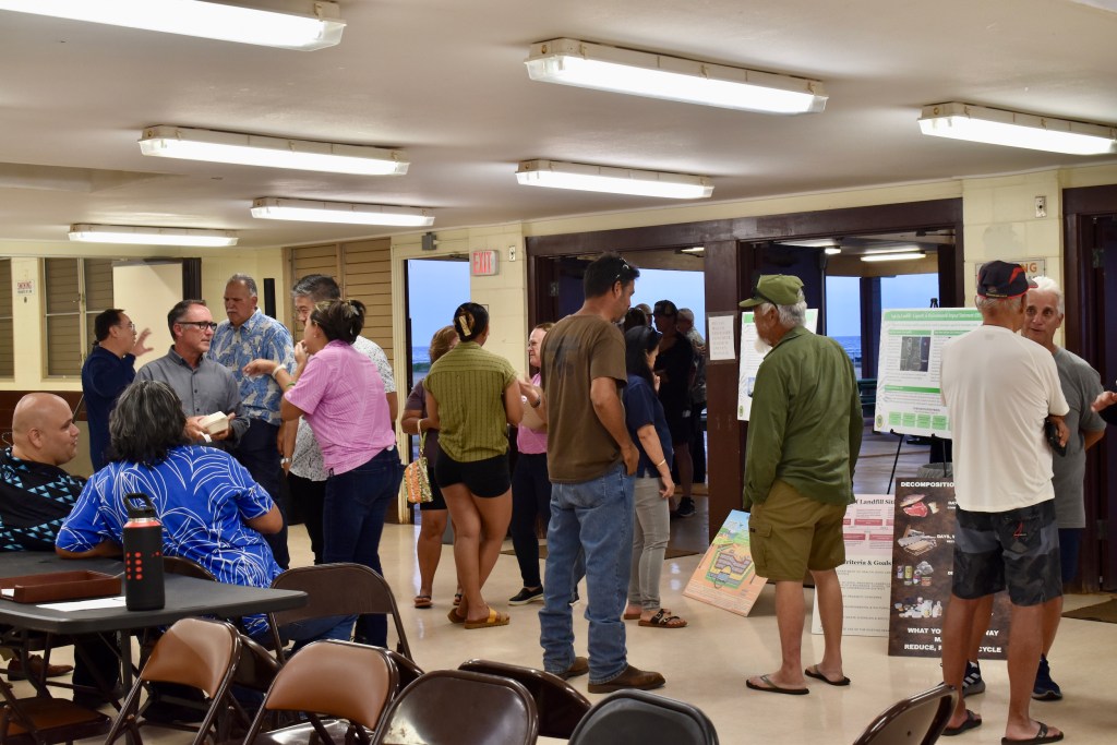 Two dozen Kaua‘i community members gather at the Kekaha Neighborhood Center for an open house about the Kekaha landfill's upcoming expansion project.
