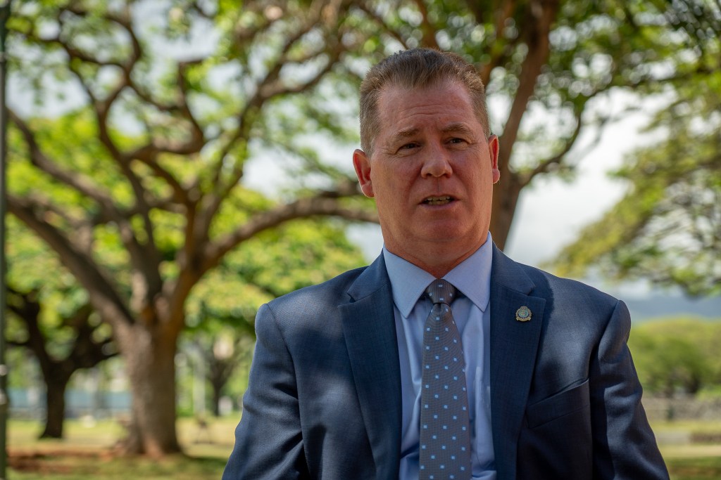 Police chief finalist Scott Ebner interviewed on the grounds of Honolulu Hale May 13, 2026. (Craig Fujii/Civil Beat/2026)
