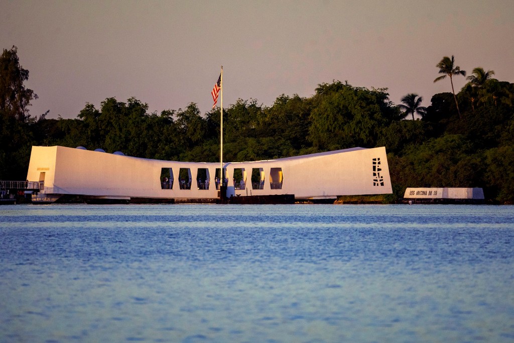 FILE - The USS Arizona Memorial is seen before a ceremony to mark the 83rd anniversary of the Japanese attack on Pearl Harbor, Dec. 7, 2024, in Honolulu. (AP Photo/Mengshin Lin, File)