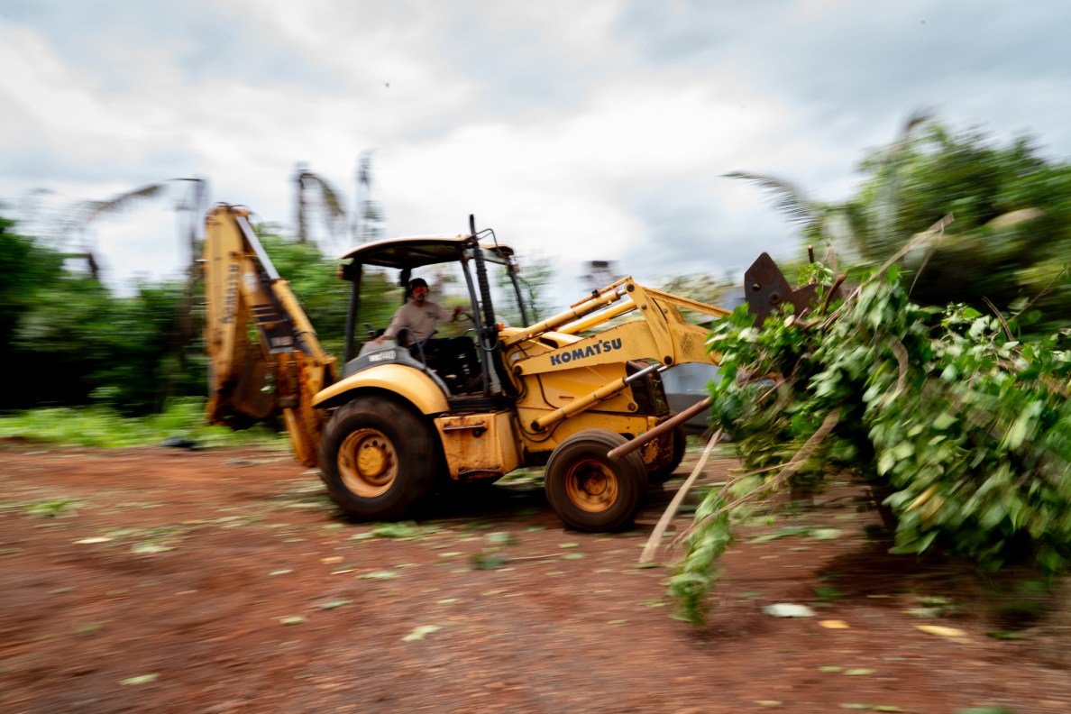 Orlando Cadiente, Jr., was a blur of activity as he moved piles of green debris into a roll-off dumpster at Mill 6 Farms in Waialua May 23, 2026. The Waialua Farmers Cooperative arranged a ditch clean up to help water flow after the March Kona lows flooded the area. (Craig Fujii/Civil Beat/2026)