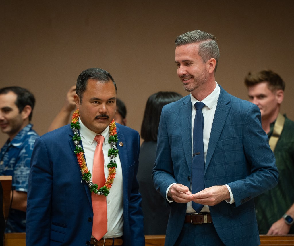 Councilmembers Tyler Dos Santos-Tam, left, and Matt Weyer at City Council chambers in Honolulu May 13, 2026. (Craig Fujii/Civil Beat/2026)