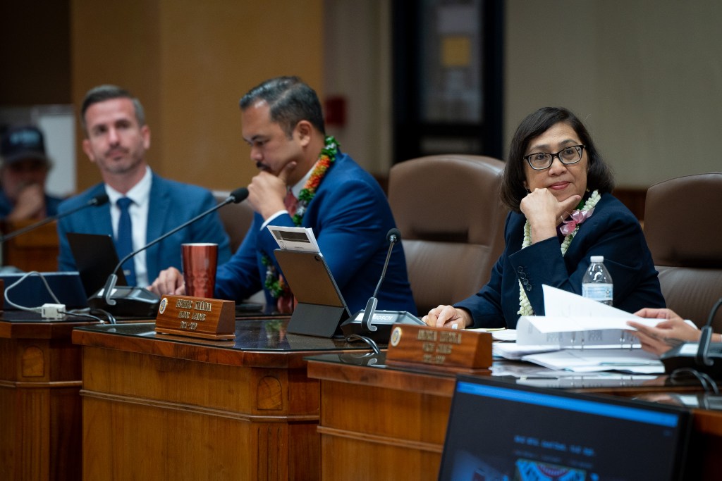 Councilmembers Matt Weyer, left, Tyler Dos Santos-Tam and Floor Leader Esther Kia'āina at City Council chambers in Honolulu May 13, 2026. (Craig Fujii/Civil Beat/2026)