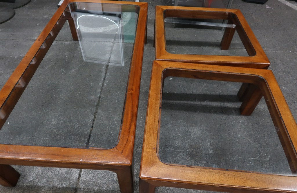 Three surplus coffee tables from Governor's Airport Lounge in Honolulu.