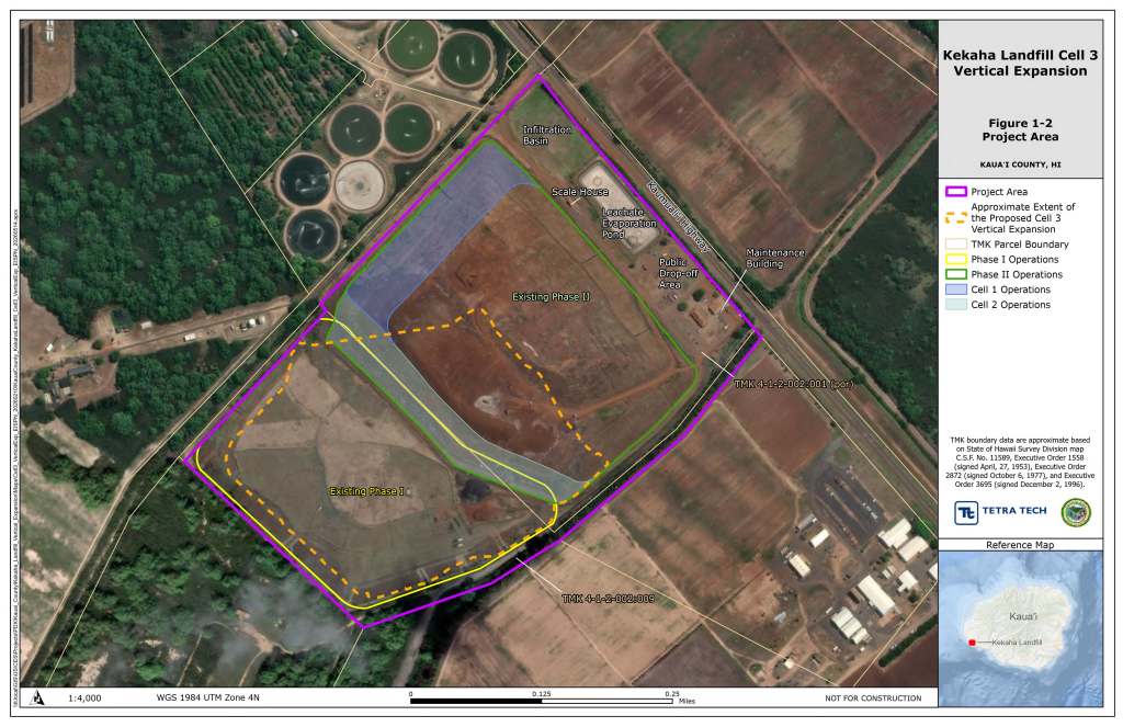 An aerial photo of the 74-acre Kekaha landfill with its two phases and project area circled with different colored lines.