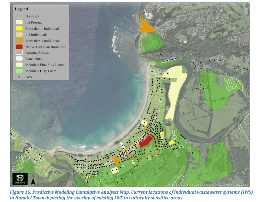 An aerial map of Hanalei with different colored overlays to depict soil types and where Native Hawaiian burials have been discovered. Black dots mark individual wastewater systems.