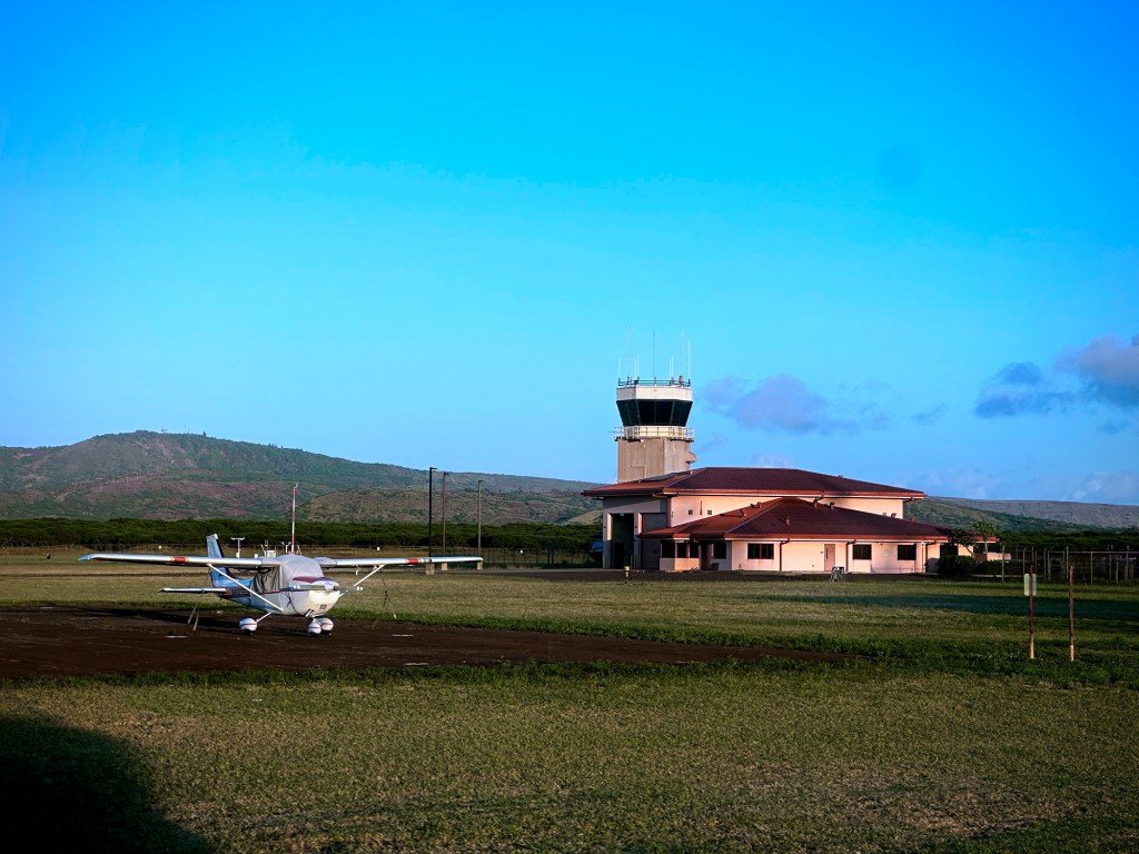 A single-engine airplane is parked at Molokaʻi Airport Wednesday, May 27, 2026, in Ho'olehua. (Kevin Fujii/Civil Beat/2026)