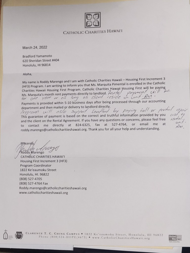 Catholic Charities staff said in a letter to Bradford Yamamoto that they would reimburse him partially or in full for any damages caused to his rental unit.