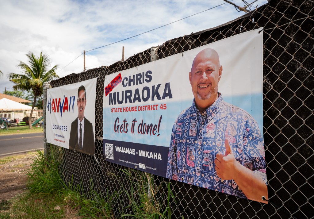 State Rep. Chris Muraoka's campaign sign along Mākaha Valley Road  June 10, 2026. Neighbors allege that several of his dogs at a property he owns have attacked individuals walking by the property. (Craig Fujii/Civil Beat/2026)