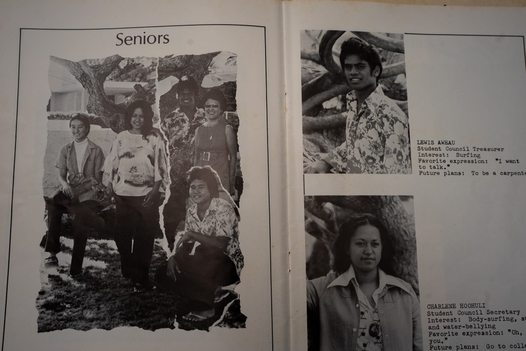 A page from Maile Keamoai-Kane's high school 1975 yearbook, photographed June 15, 2026. (Craig Fujii/Civil Beat/2026)