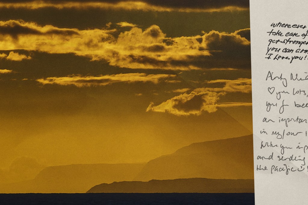 Photo illustration with the silhouette of Molokaʻi and handwritten goodbye letters