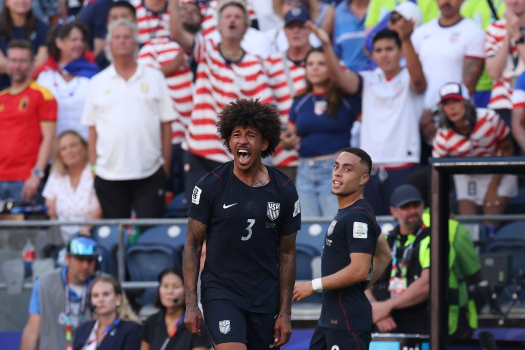United States' Chris Richards (3) reacts during the World Cup round of 16 soccer match between the United States and Belgium in Seattle, Monday, July 6, 2026. (AP Photo/Maddy Grassy)