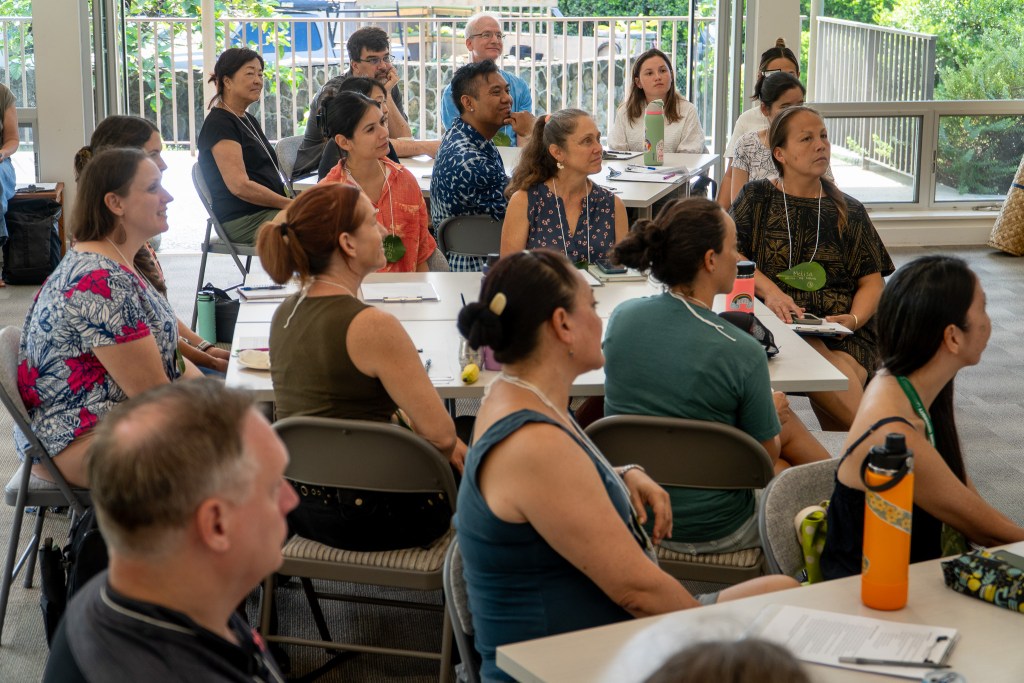 Local teachers participating in a workshop on flora and environmental stewardship at Mānoa Heritage Center July 9, 2026. (Craig Fujii/Civil Beat/2026)