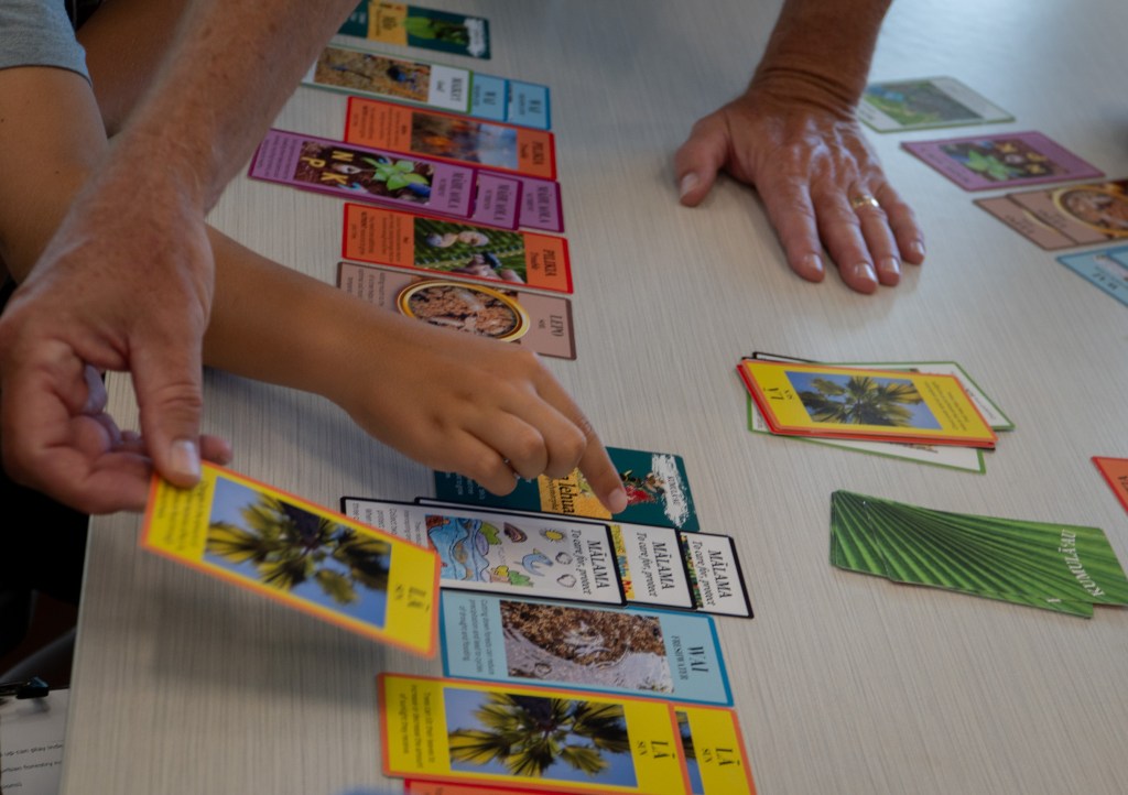 Kumala'au, a card game created by Trees for Honolulu's Future, featured prominently in teaching flora, culture and environmental stewardship during a workshop at Mānoa Heritage Center July 9, 2026. (Craig Fujii/Civil Beat/2026)