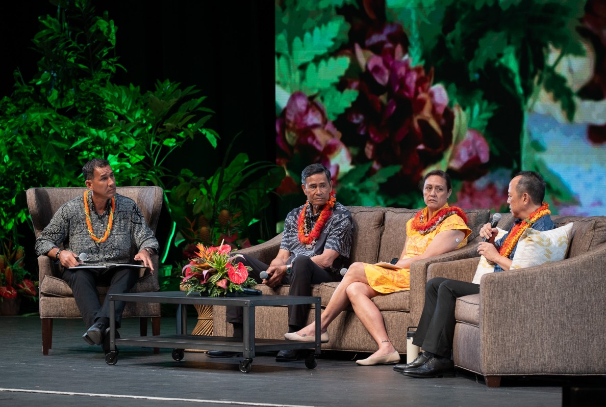 Jack Wong, right, speaks as Kaiali'i Kahele, from left, Kali Watson and Sherri Daniels listen during a panel discussion at the 2026 Native Hawaiʻian Convention at Blaisdell Center July 21, 2026. (Craig Fujii/Civil Beat/2026)