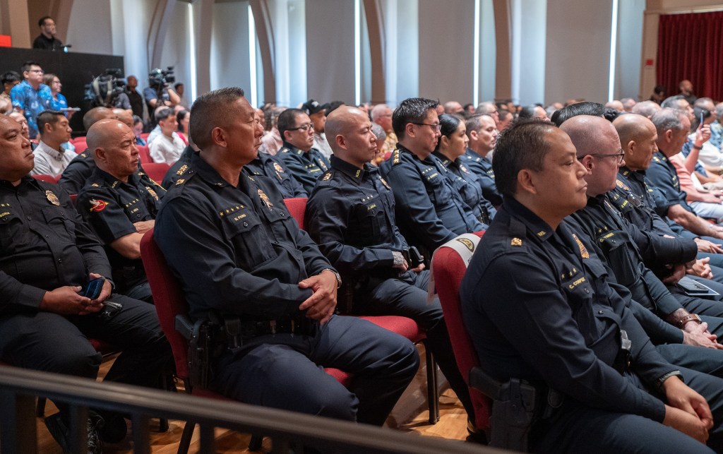 HPD leaders at the swearing in ceremony for new Chief David Lazar at Memorial Auditorium in Honolulu July 2, 2026. (Craig Fujii/Civil Beat/2026)
