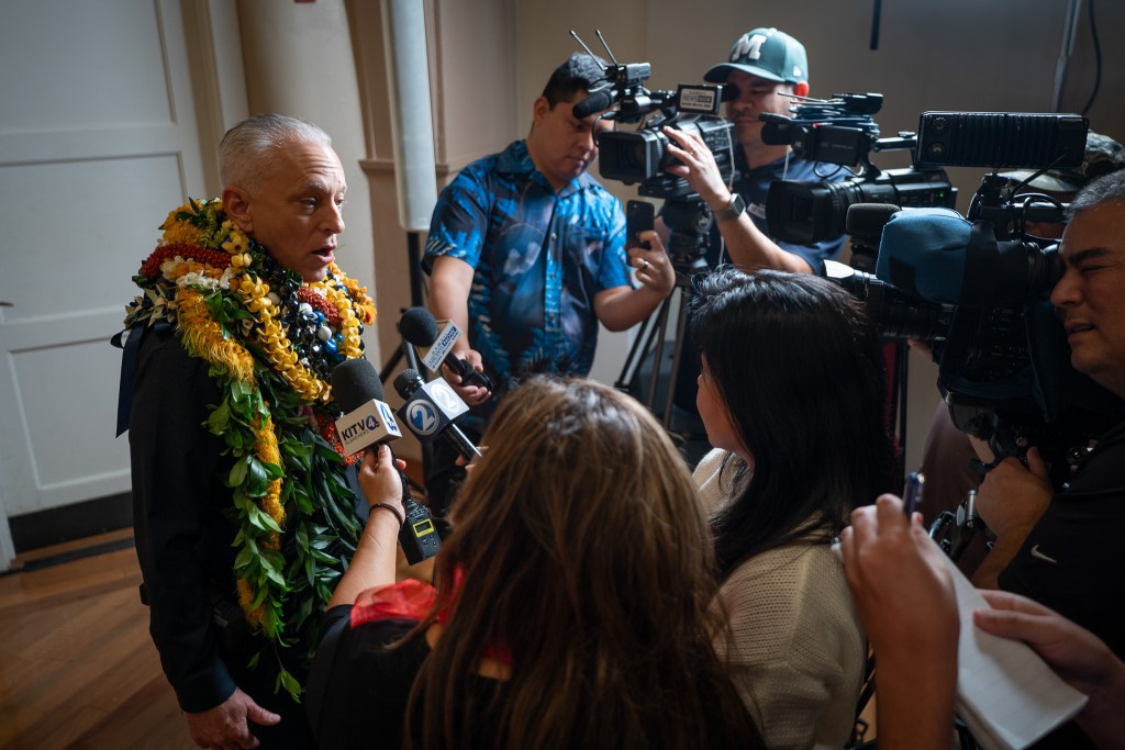 New HPD Chief David Lazar speaking to the press after his swearing in ceremony at Memorial Auditorium in Honolulu July 2, 2026. (Craig Fujii/Civil Beat/2026)