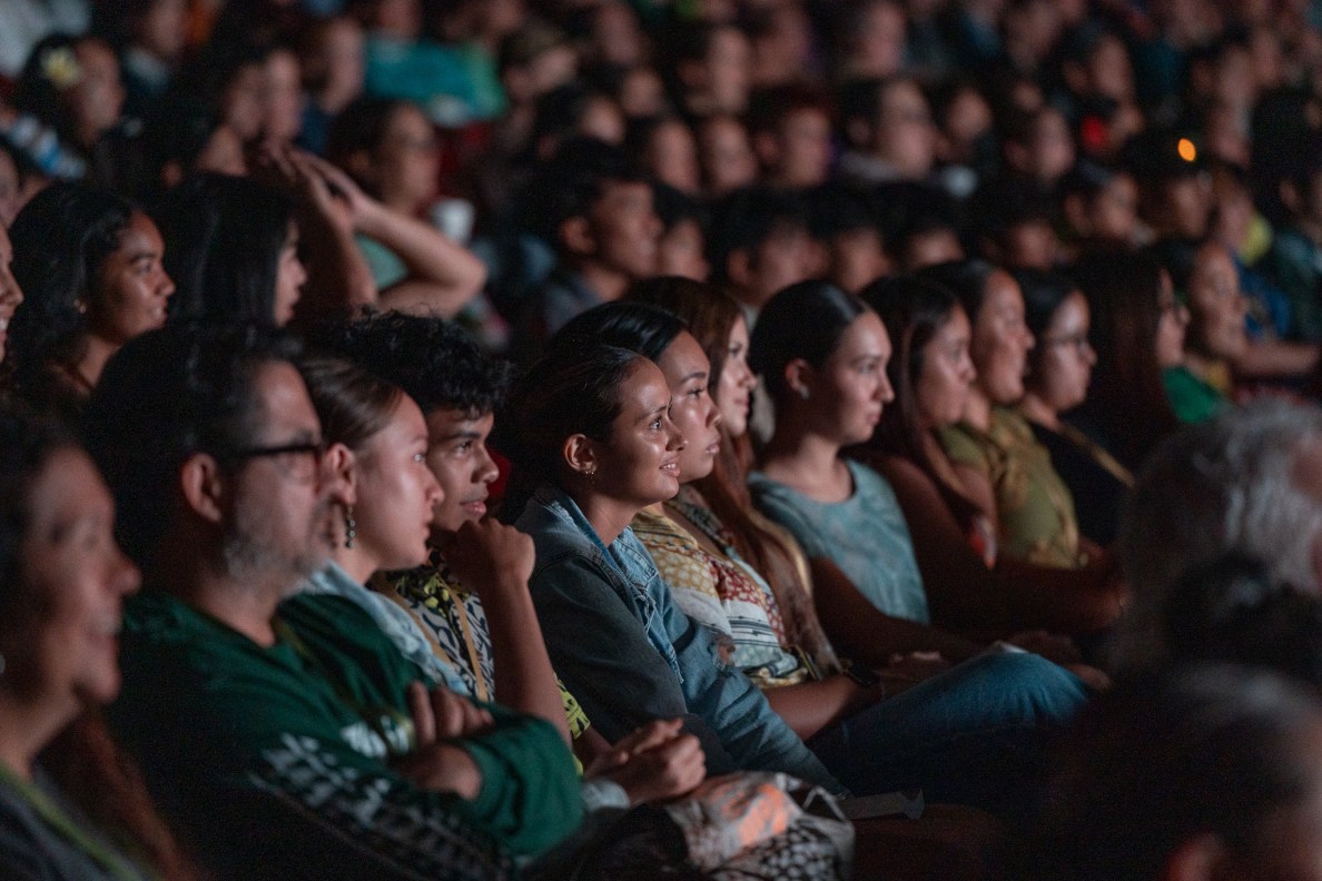 Attendees watch a video at the 2026 Native Hawaiʻian Convention at Blaisdell Center July 21, 2026. (Craig Fujii/Civil Beat/2026)