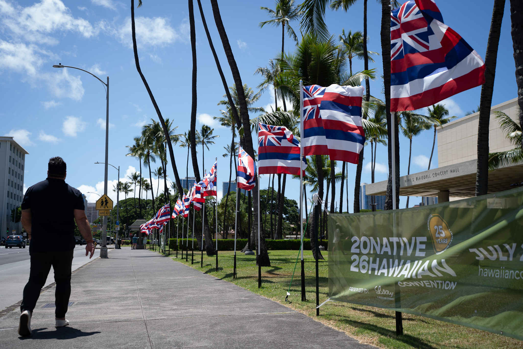 Some of the 133 Hawaiʻian flags outside the 2026 Native Hawaiʻian Convention at Blaisdell Center July 21, 2026. (Craig Fujii/Civil Beat/2026)