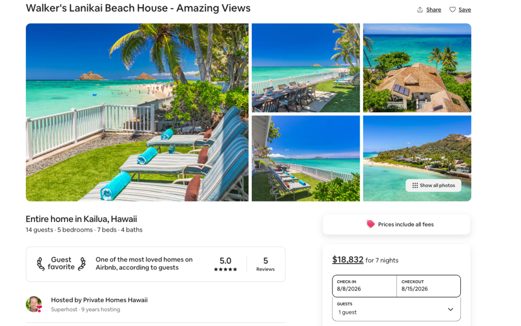 Screenshot of Walker Beach House from AirBnB. The property, built in 1934, receives a 100% property tax exemption but also operates as a legal short term vacation rental. Some Honolulu lawmakers want to close that exemption loophole.