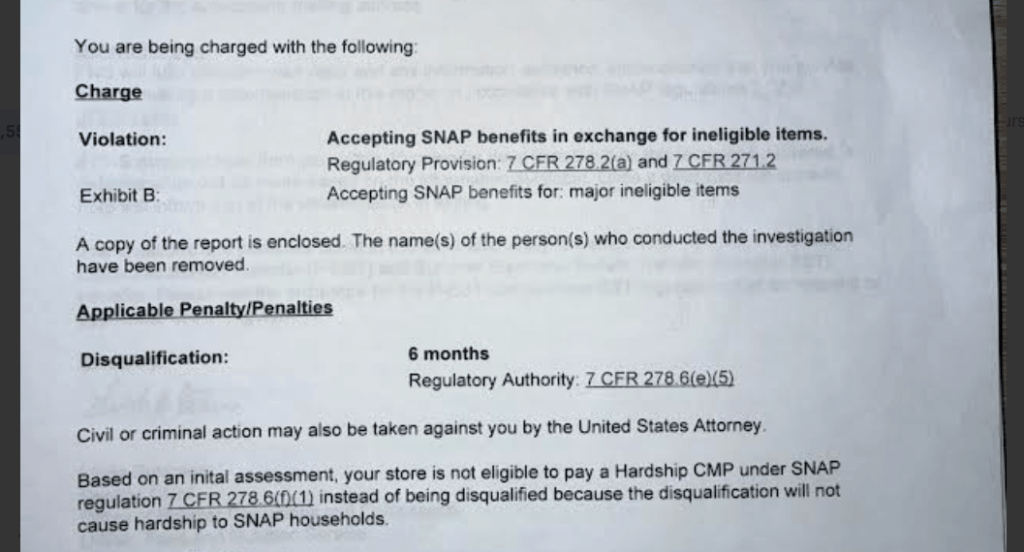 A letter from the USDA telling Elizabeth Ward that her store could no longer accept SNAP as payment said the disqualification would cause no hardship to SNAP households.