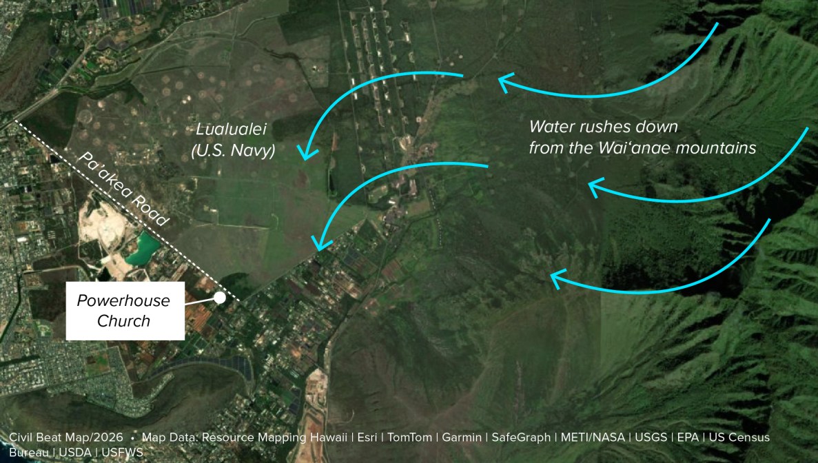 Map showing the location of Powerhouse Church Paakea Road and the flow of water rushing down the Waiʻanae mountains.
