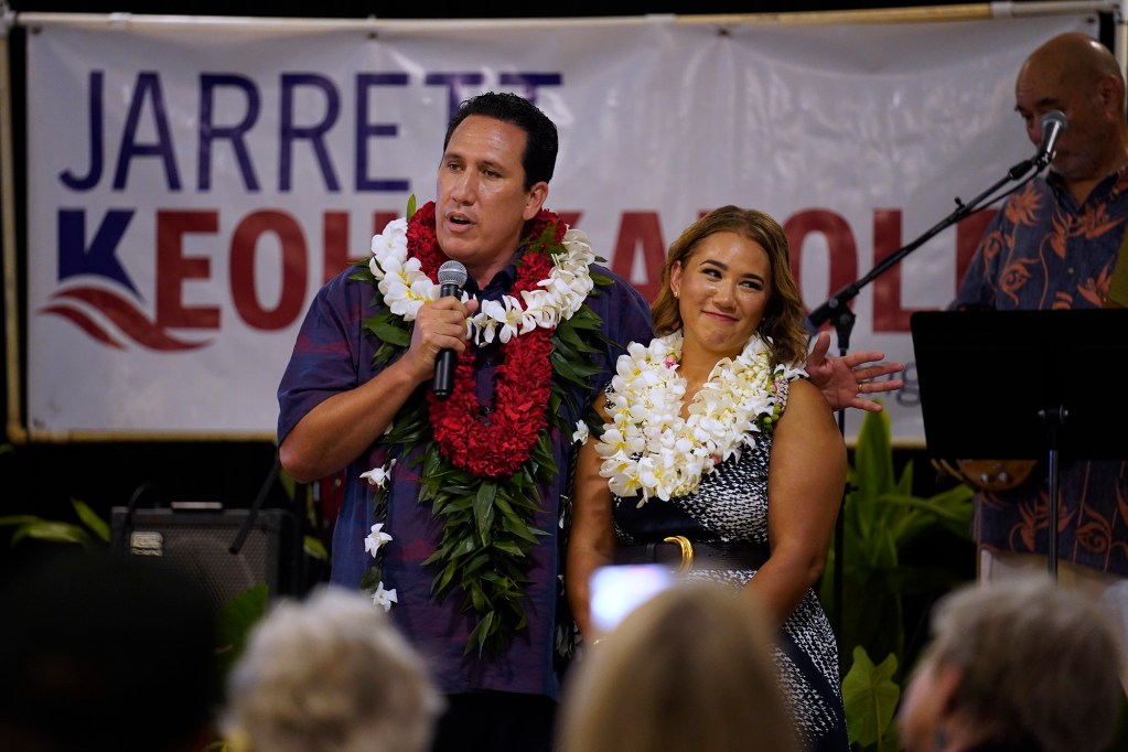 Sen. Jarrett Keohokalole and his wife Kuʻulani Keohokalole mahalo their supporters after the first primary election results are announced Saturday, Aug. 8, 2026, in Honolulu. (Kevin Fujii/Civil Beat/2026)