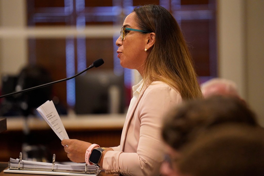 Tara Malia Gregory makes oral arguments in the Tommy Waters election eligibility appeal Tuesday, Aug. 25, 2026, at the Hawaiʻi State Supreme Court in Honolulu. (Kevin Fujii/Civil Beat/2026)
