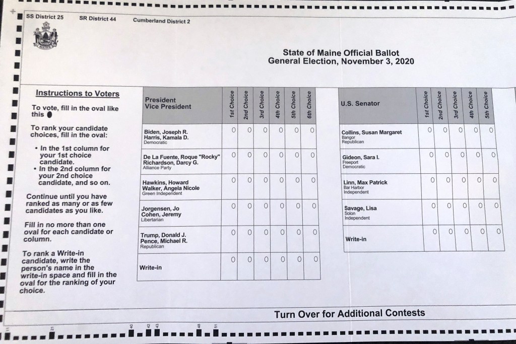 FILE - This absentee ballot for the 2020 Maine general election, photographed on Thursday, Oct. 22, 2020 in Falmouth, Maine, shows how Maine voters are allowed to rank presidential and senate candidates in order of ranked choice preference. An electoral reform that has taken root in the iconoclastic states of Maine and Alaska could be gaining traction nationwide. After decades of theoretical discussions among policy wonks, advocates of ranked-choice voting are looking to expand the concept. (AP Photo/David Sharp)