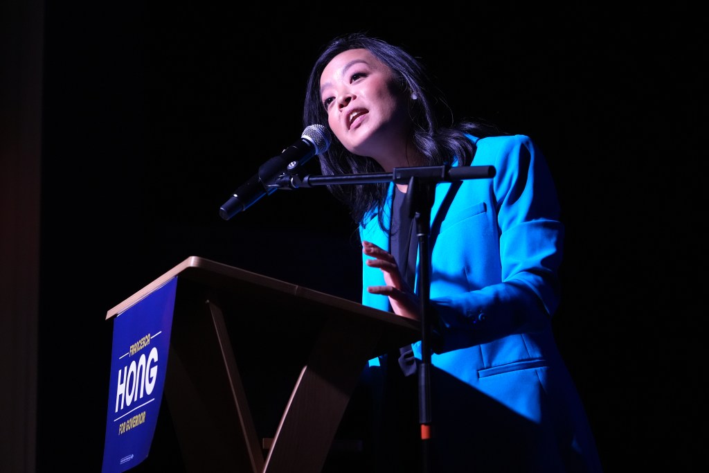 Democratic gubernatorial candidate Francesca Hong speaks during a primary election night watch party Tuesday, Aug. 11, 2026, in Madison, Wis. (AP Photo/Nam Y. Huh)