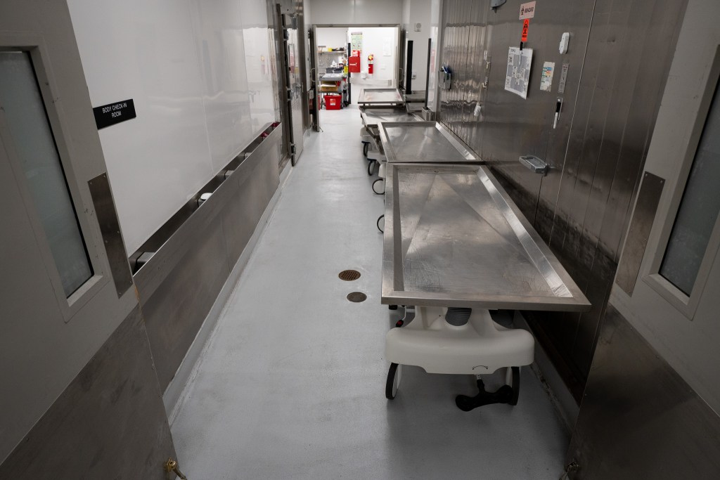 Gurneys line a hallway at the Medical Examiners office in Honolulu August 12, 2026. (Craig Fujii/Civil Beat/2026)