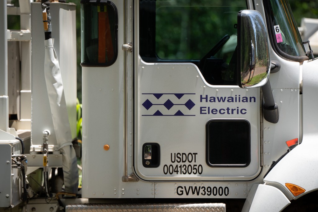The side of a white truck with the words Hawaiʻian Electric on a door.