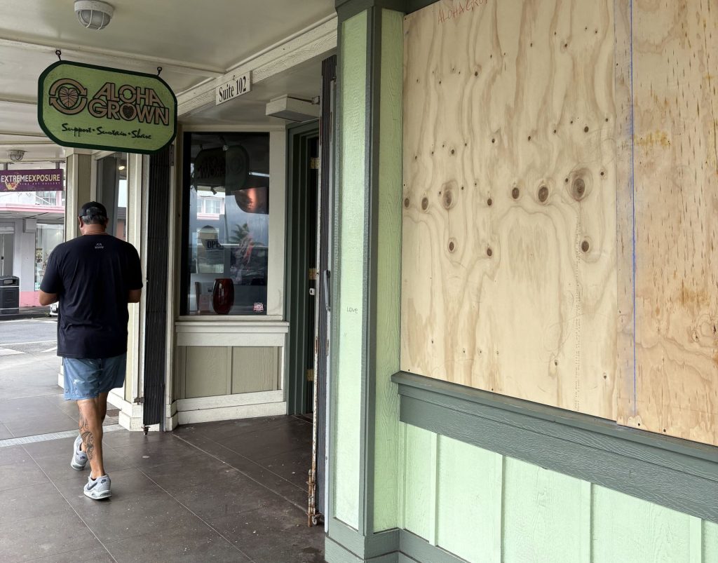 Boarded windows in Hilo ahead of storm.