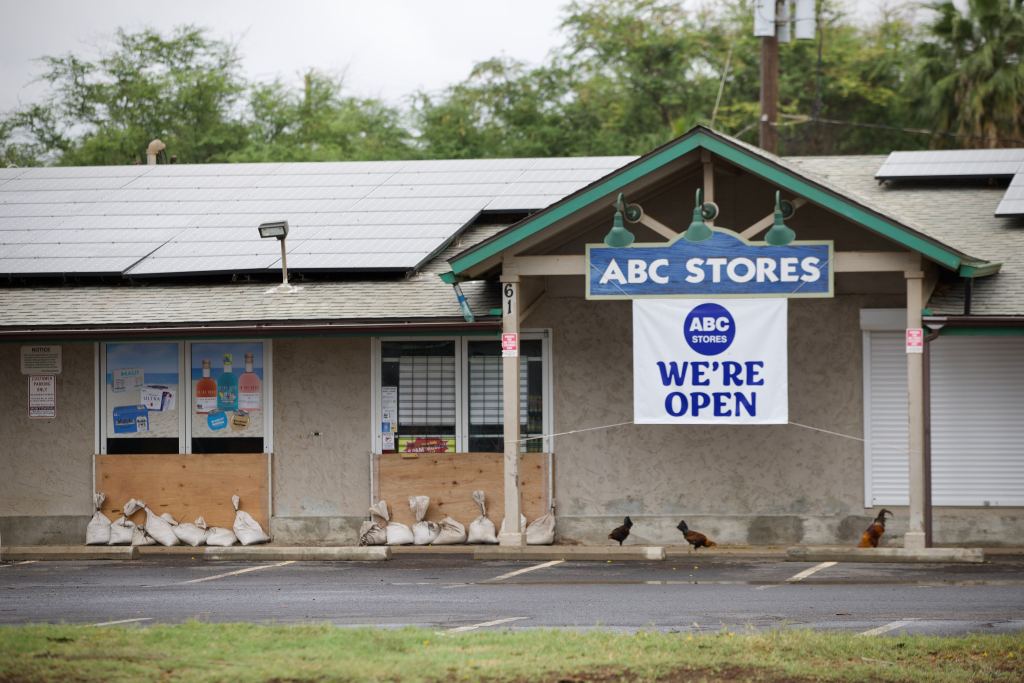 The ABC store in the North Kihei strip mall on Maui was open on Sunday after Tropical Storm Lala passed through. (Erin Nolan/Civil Beat/2026)