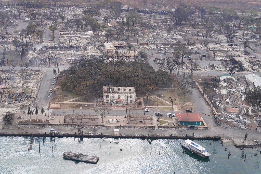 A banyan tree rises among the Wildfire wreckage, Thursday, Aug. 10, 2023, in Lahaina, Hawaii. For 150 years, the colossal tree shaded community events, including art fairs. It shaded townsfolk and tourists alike from the Hawaiian sun, befitting for a place once called “Lele,” the Hawaiian word for “relentless sun.” Like the town itself, its very survival is now in question, its limbs scorched by a devastating fire that has wiped away generations of history. (AP Photo/Rick Bowmer)