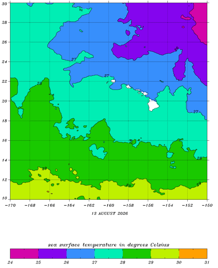 A colorful map showing the temperatures of various parts of the Pacific ocean.