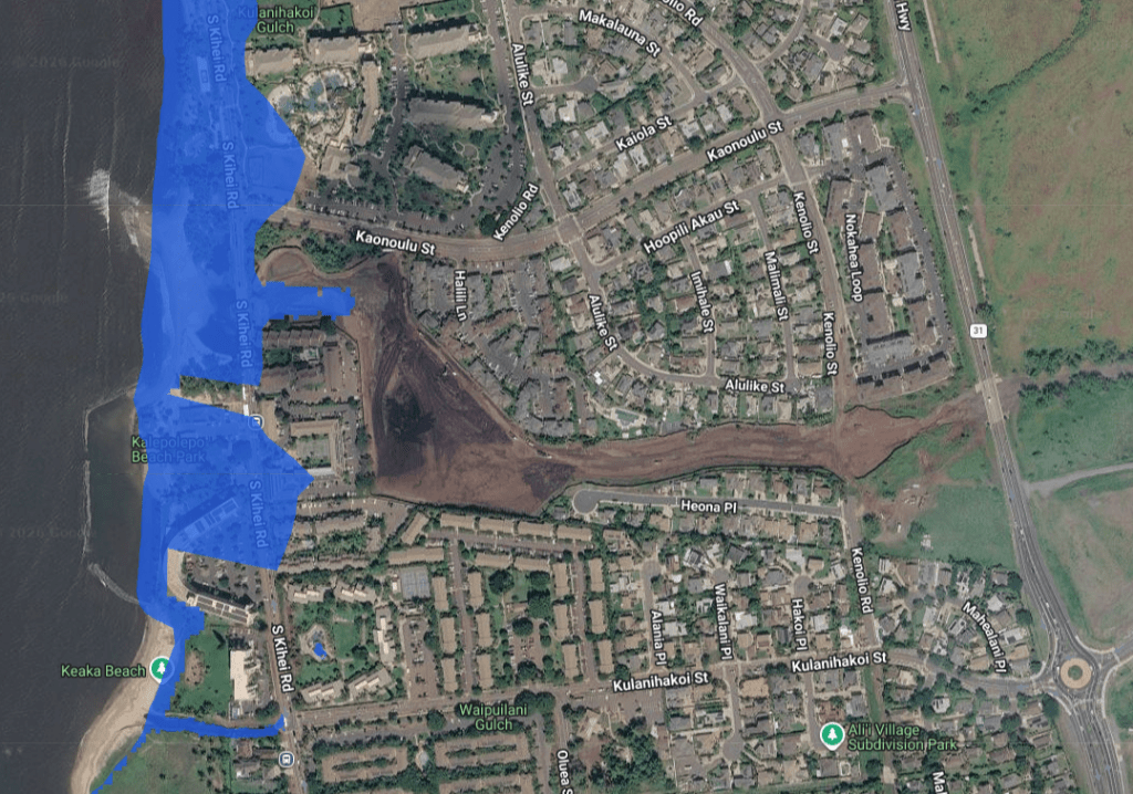 The State of Hawai‘i Sea Level Rise Viewer shows parts of Kīhei flooded with 3 feet of sea level rise. (Courtesy: PacIOOS/2026)