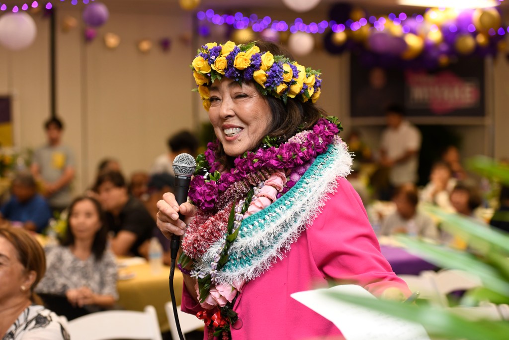 Yuki Lei Sugimura speaks to supporters during her Elecrtion Night watch pary Saturday in Kahului.