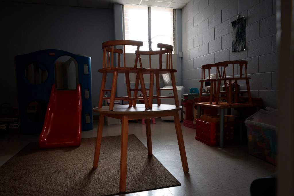 Keiki-size chairs remain stacked on top of tables in Waiʻalae Baptist Church’s preschool Wednesday, Sept. 2, 2026, in Honolulu. The school closed last year when it couldn't find qualified teachers. (Kevin Fujii/Civil Beat/2026)