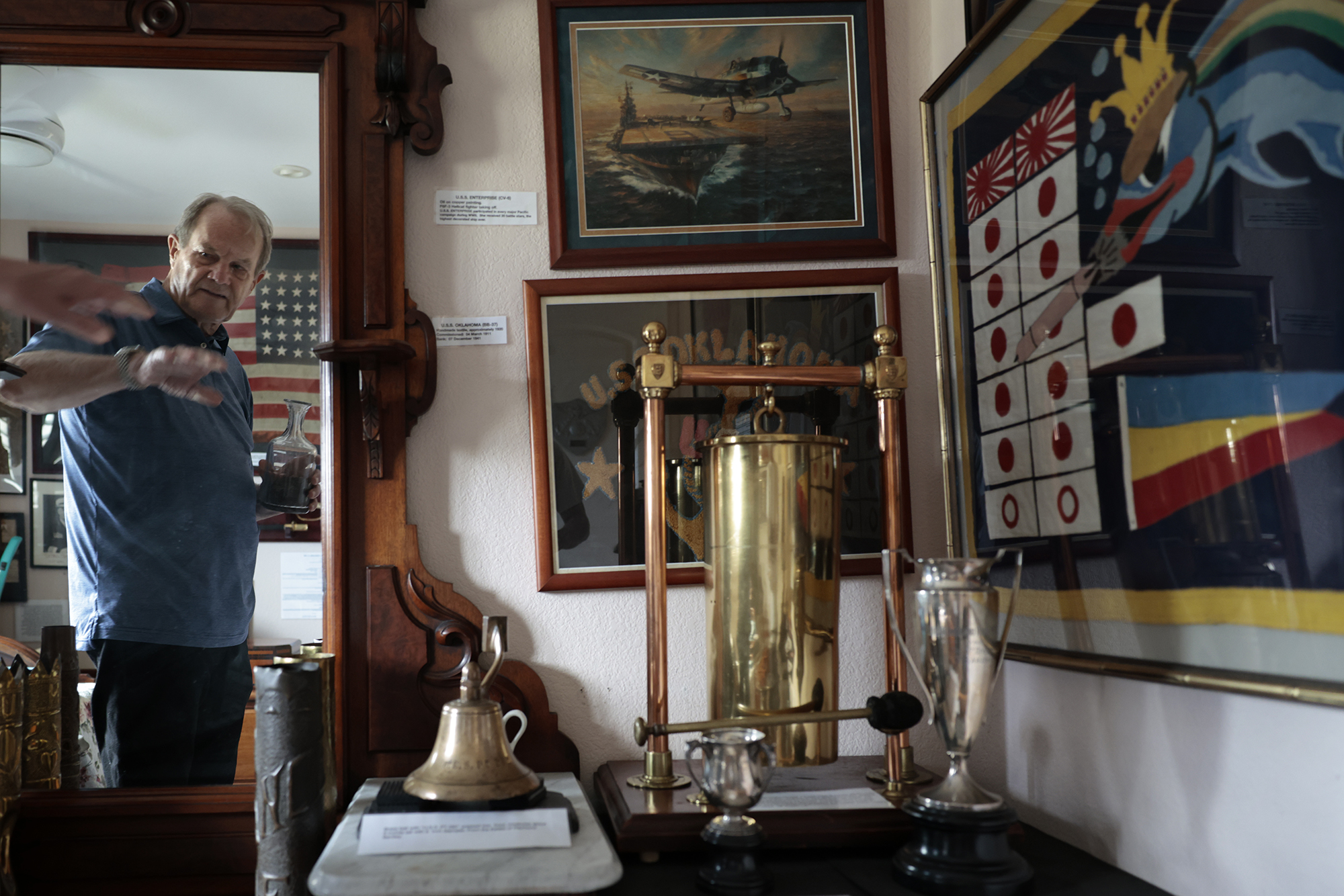Whistleblower Jim Maus points out historic items he collects Saturday, Sept. 5, 2026, in Kāneʻohe. (Kevin Fujii/Civil Beat/2026)