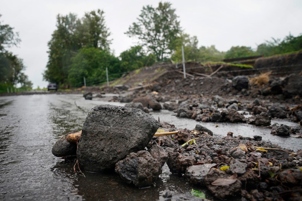Debris flowed onto Cane Haul Road mauka of Pāhala and Nāʻālehu as the Kaʻū district recovers from Hurricane Nolo in south Hawaiʻi Island Saturday, Sept. 26, 2026. (Kevin Fujii/Civil Beat/2026)