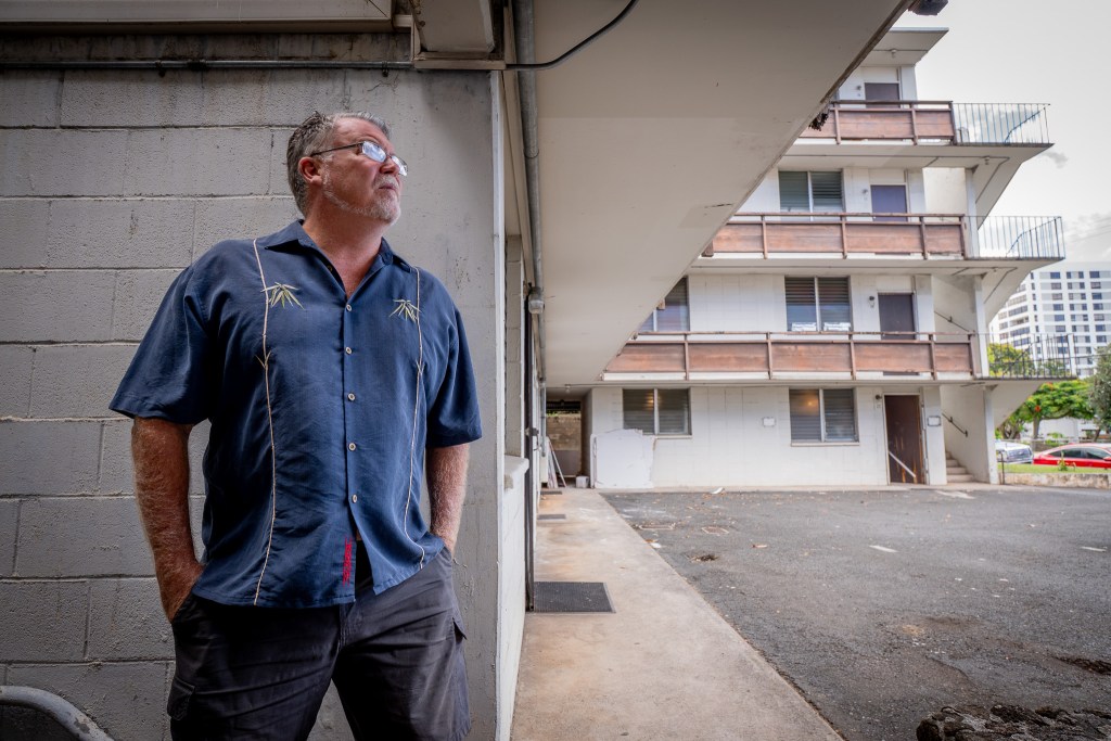 Aaron Blakeslee at 1420 Wilder Avenue where rents will be going up under new ownership, photographed Sept. 4, 2026. "I'm just a working guy trying to get by," he said. (Craig Fujii/Civil Beat/2026)