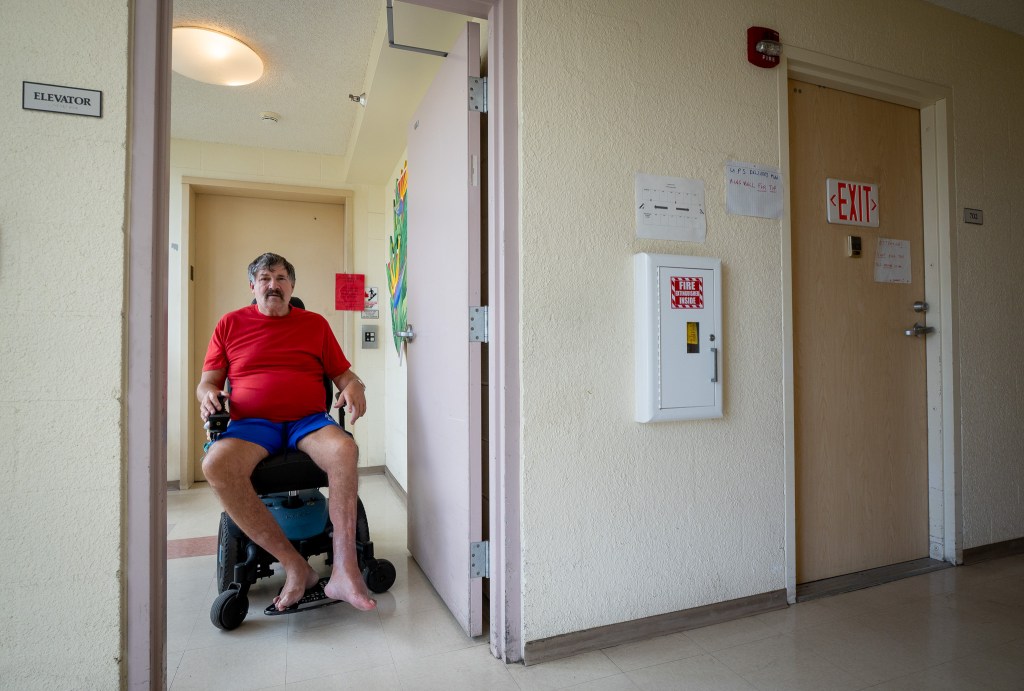 The elevator next to Frank Paulich's 7th floor apartment has been out of service for more than two weeks. Paulich suffered a stroke several years ago. (Craig Fujii/Civil Beat/2026)