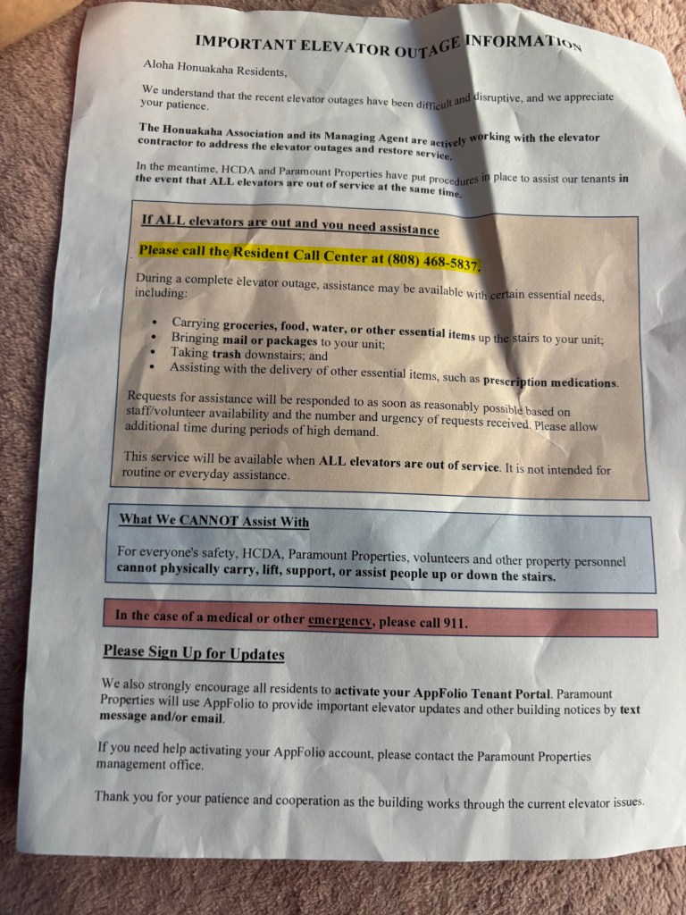 A flyer distributed to residents of 545 Queen Street outlining support services during extended elevator outages.
