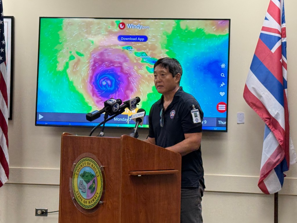 Kaua‘i Emergency Management Agency Administrator Elton Ushio at a Sept. 7, 2026 press conference about Hurricane Lowell.