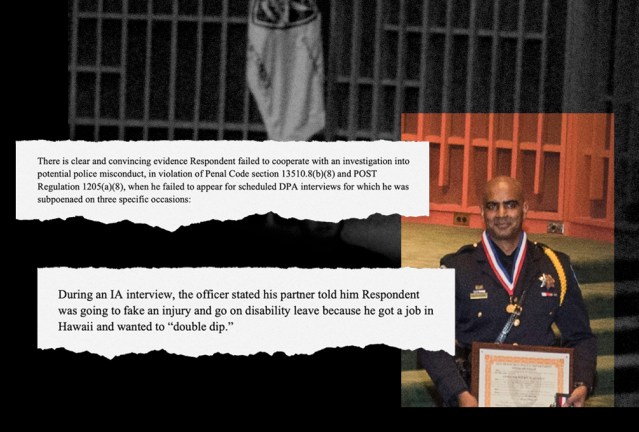 A police officer on the right side of the photo is holding a certificate and on the left are two strips of text.