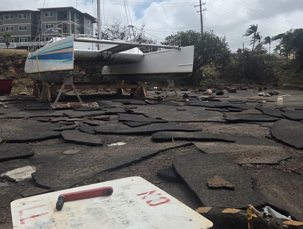 Asphalt in Port Allen's parking area was torn to chunks by strong waves from Hurricane Lowell in ‘Ele‘ele on Kaua‘i.