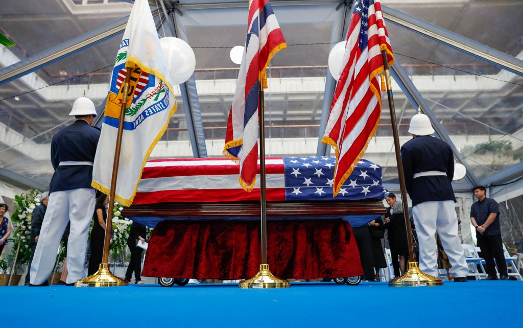 The casket of former Hawaiʻi Governor George Ariyoshi is seen at the State Capitol, Friday, Sept. 18, 2026, in Honolulu. Ariyoshi’s casket will lie in state at the State Capitol rotunda through Saturday.  (Jamm Aquino/Civil Beat/2026)