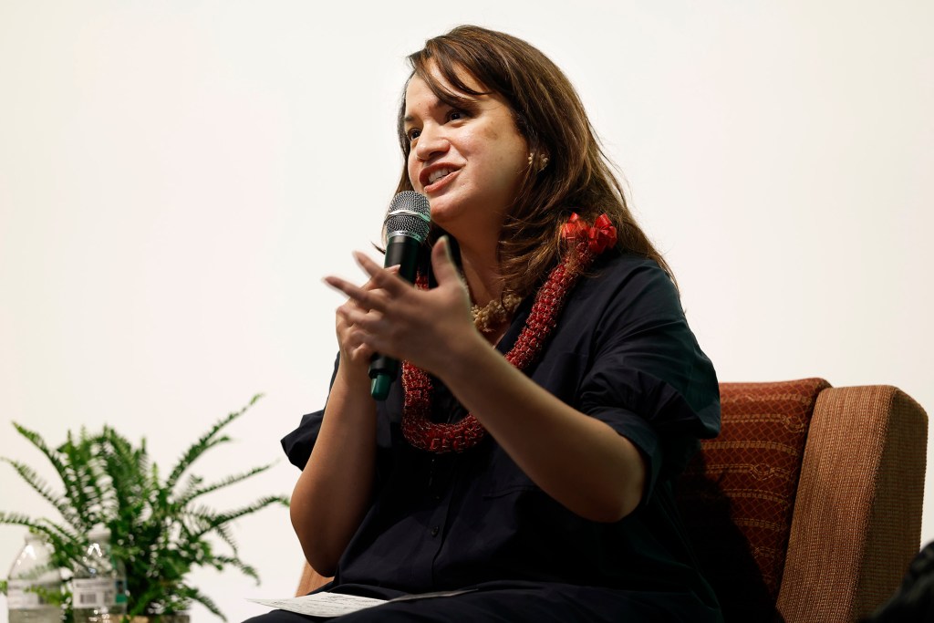 OHA CEO candidate Summer Sylva speaks at He Kūkākūkā, a community talk story event with finalists, Thursday, Oct. 15, 2026, in Honolulu. (Kevin Fujii/Civil Beat/2026)