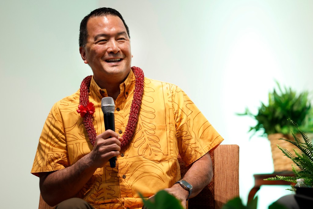 OHA CEO candidate Todd Apo speaks at He Kūkākūkā, a community talk story event with finalists, Thursday, Oct. 15, 2026, in Honolulu. (Kevin Fujii/Civil Beat/2026)